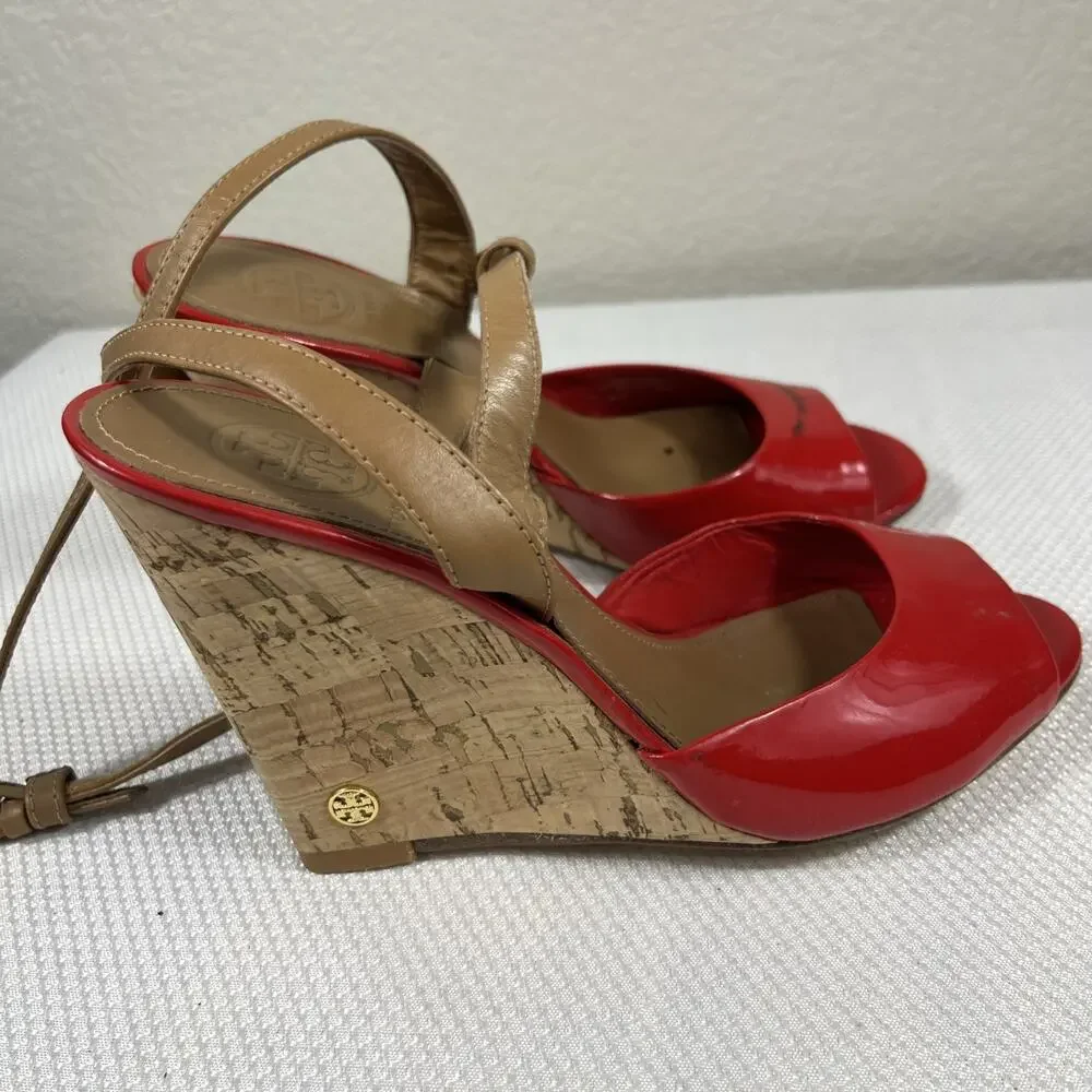 Tory Burch Red‎ Patent Leather Cork Wedge Ankle Strap Peep Toe Sandals size 7 M